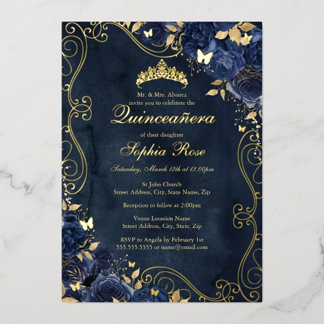 Invitation En Aluminium Floral Swirl Gold Navy Butterfly Quinceanera (Recto)