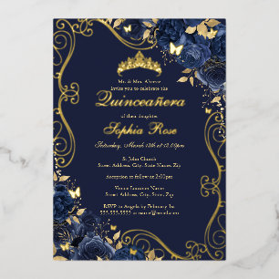 Invitation En Aluminium Floral Swirl Navy Gold Butterfly Quinceanera