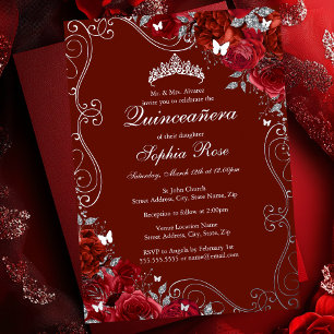 Invitation En Aluminium Floral Swirl Red Silver Butterfly Quinceanera