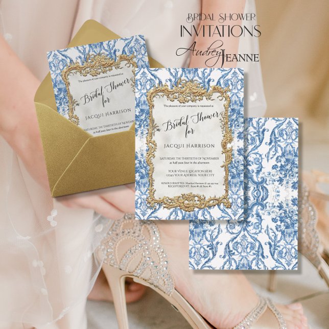 Invitation En Aluminium Floral Vintage Elegant Blue Gold Fête des mariées (Créateur téléchargé)