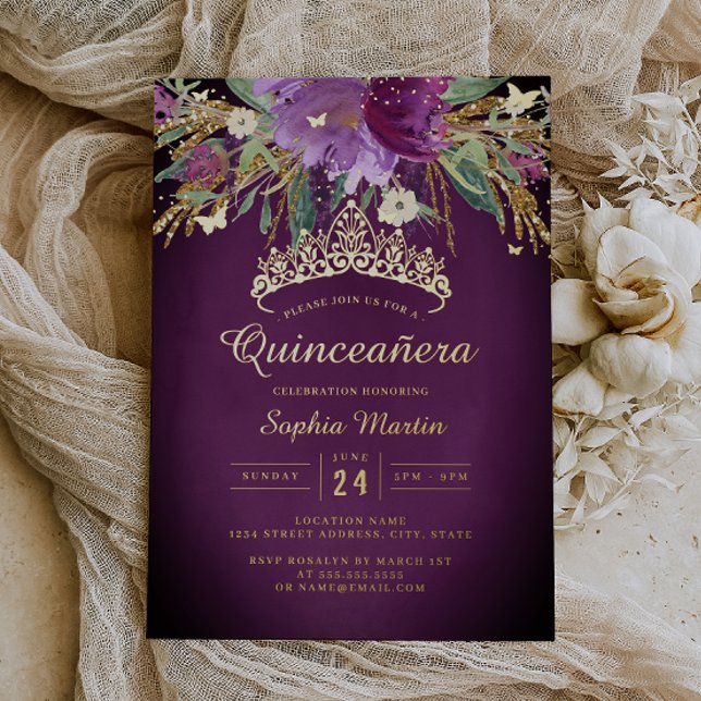 Invitation En Aluminium Floral violet or Améthyste Quinceanera (Créateur téléchargé)