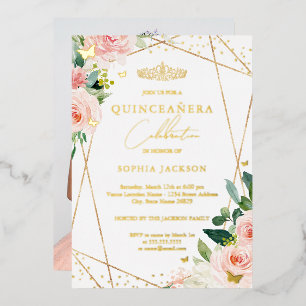 Invitation En Aluminium Flore d'or bleu géométrique Quinceanera