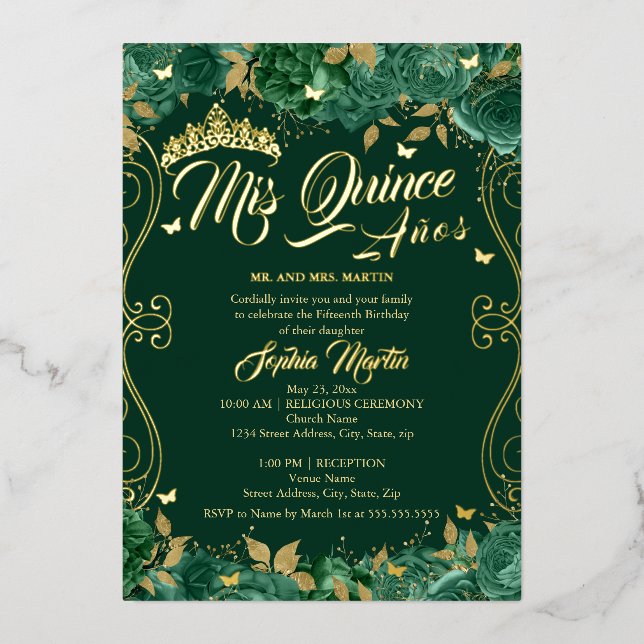 Invitation En Aluminium Flore Émeraude Scroll Mis Quince Quinceanera (Recto)