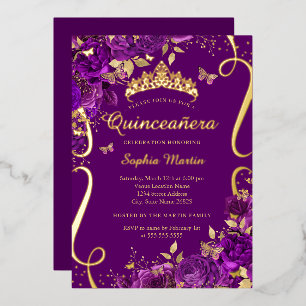 Invitation En Aluminium Flore Papillon Défiler Quinceanera violet