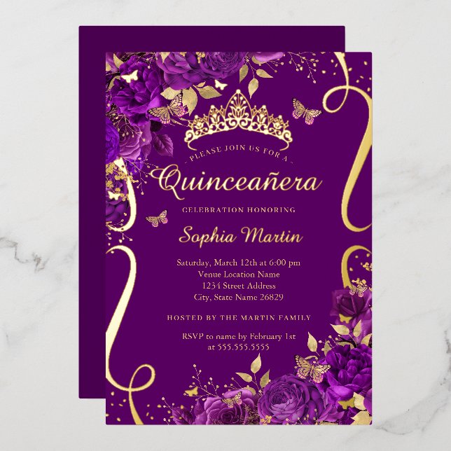 Invitation En Aluminium Flore Papillon Défiler Quinceanera violet (Recto/Verso)