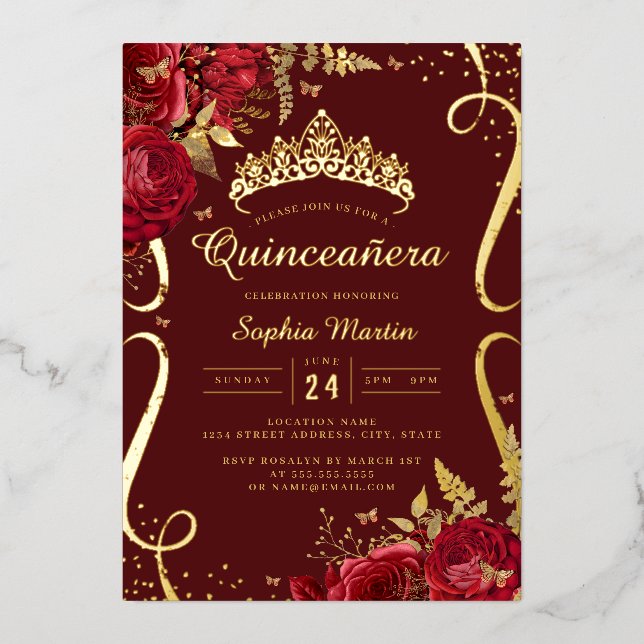 Invitation En Aluminium Flore rouge Élégant Défilement Quinceanera (Recto)