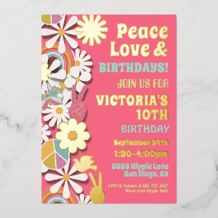 Invitation En Aluminium Flower Power Hippie fête d'anniversaire Foil Invit