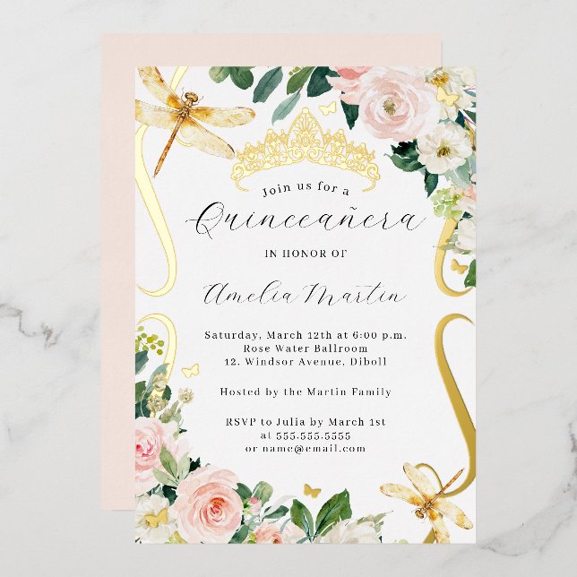 Invitation En Aluminium Flush Gold Flore Dragonfly Scroll Quinceanera (Recto/Verso)