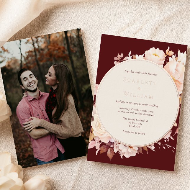 Invitation En Aluminium FOIL Automne Floral Bourgogne Crème Mariage photo (Créateur téléchargé)