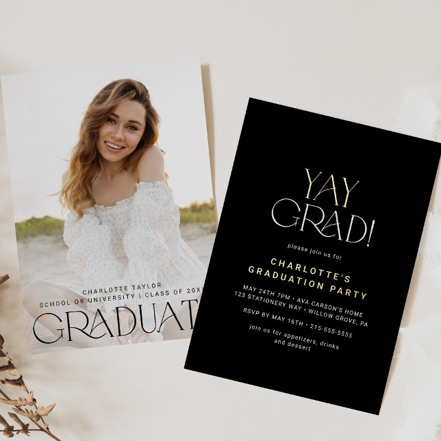 Invitation En Aluminium Foil Foil Black Yay Grad Photo Graduation (Créateur téléchargé)
