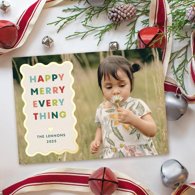 Invitation En Aluminium Foil Ivory Happy Merry Wavy Christmas Photo Card (Créateur téléchargé)