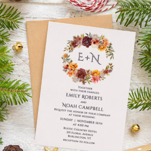Invitation En Aluminium Foil Monogram Autumn Rustic Plum Floral Wedding