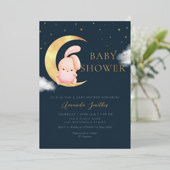 Invitation En Aluminium Fond d'or | Aquarelle Boho Bunny Girl Baby shower (Debout devant)
