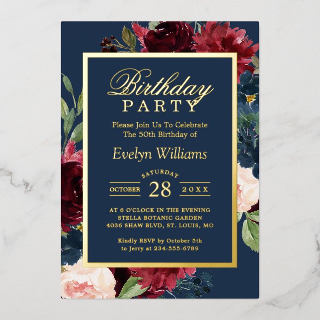 Invitation En Aluminium Fond d'or | Burgundy Navy Floral fête d'anniversai (Recto)