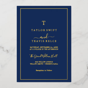 Invitation En Aluminium Fond d'or minimaliste Mariage de monogramme bleu