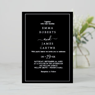 Invitation En Aluminium Fond d'or minimaliste   Mariage Décontracté noir