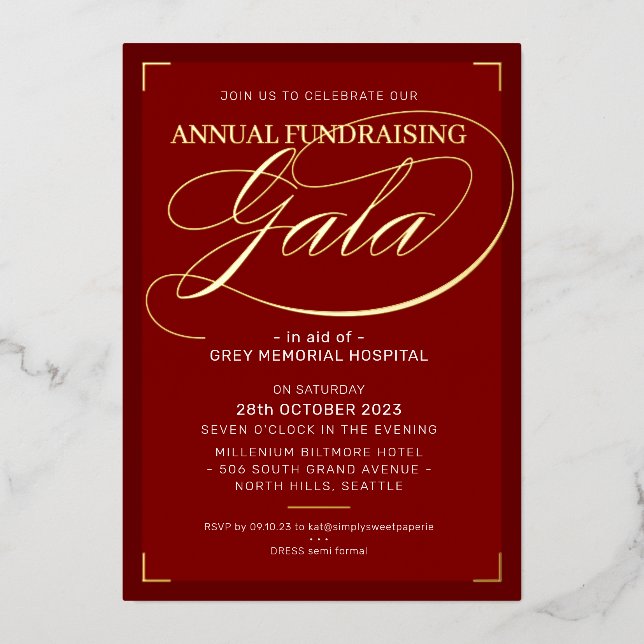 Invitation En Aluminium FONDATION GALA BALL élégant événement fancy burgun (Recto)