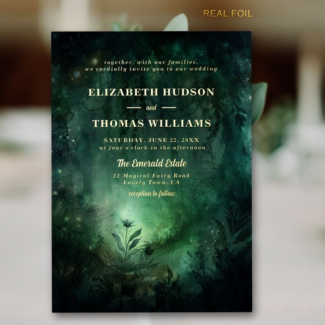 Invitation En Aluminium Forêt enchantée Emerald Gold Chic Mariage élégant (enchanted forest wedding invitation elegant magical fairy garden foliage greenery emerald gold foil)