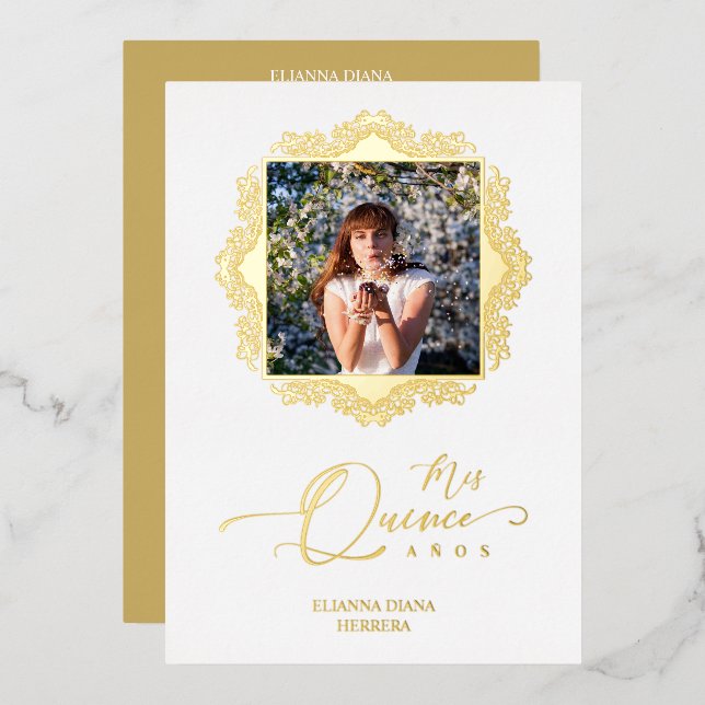 Invitation En Aluminium Foto Quinceañera Español Efecto Encaje Dorado (Recto/Verso)