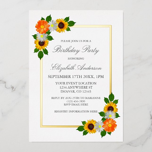 Invitation En Aluminium Frame Or Floral Anniversaire (Recto)