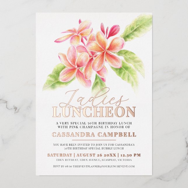 Invitation En Aluminium Frangipani floral dames déjeuner anniversaire (Recto)