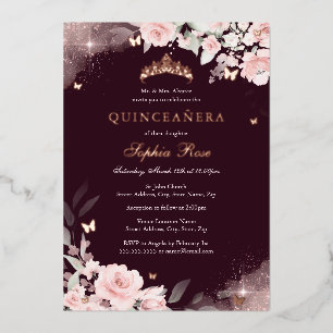 Invitation En Aluminium Fuchsia Burgundy Rose Papillon Quinceanera
