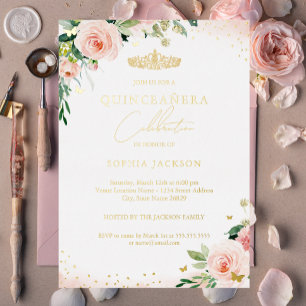 Invitation En Aluminium Fuchsia doré Floral Quinceanera Anniversaire