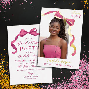Invitation En Aluminium Fuchsia Pink Gold Bow Arch Photo Foil Graduation