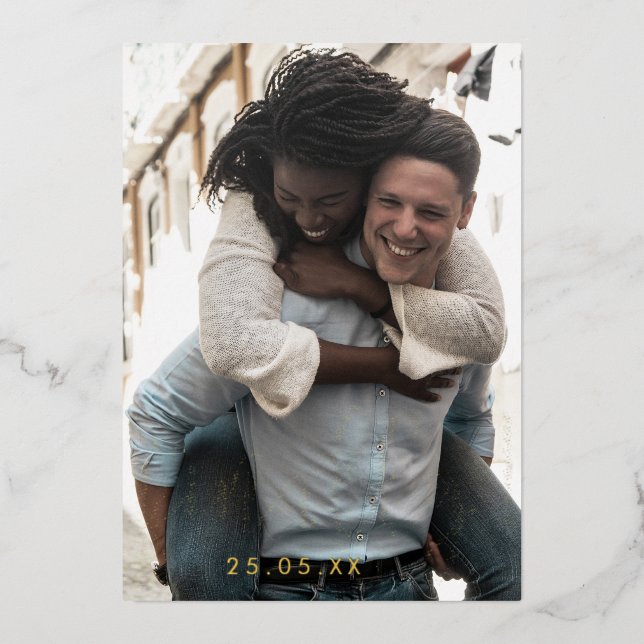 Invitation En Aluminium Fun Enfin mariage photo Enregistrer la date Or (Recto)