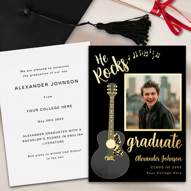 Invitation En Aluminium Fun Modern Graduate Photo Script noir et or (Cool guitar music modern black and gold foil script graduate photo graduation announcement card)