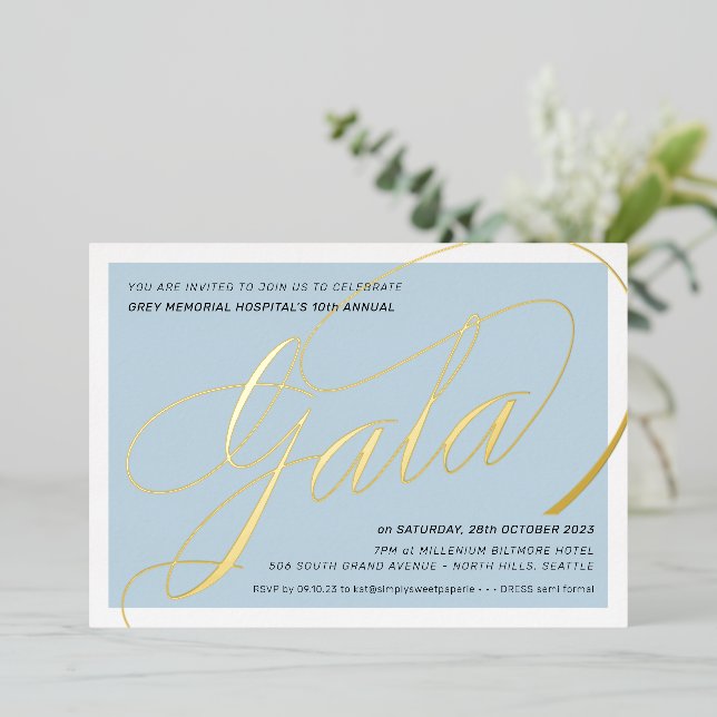 Invitation En Aluminium GALA FUNDRAISING élégant calligraphie bleu pâle (Debout devant)