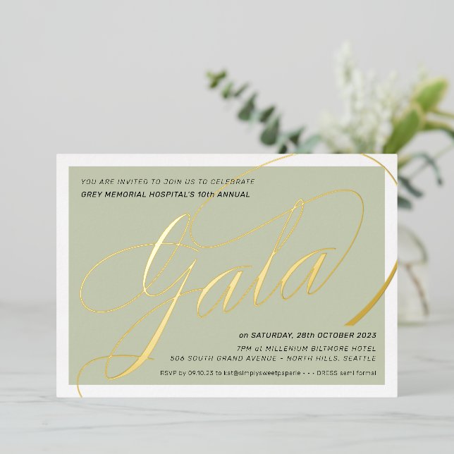 Invitation En Aluminium GALA FUNDRAISING élégant calligraphie vert sauge (Debout devant)