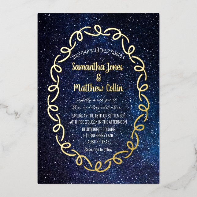 Invitation En Aluminium Galaxie céleste Cosmos Sky Gold Foil Mariage (Recto)