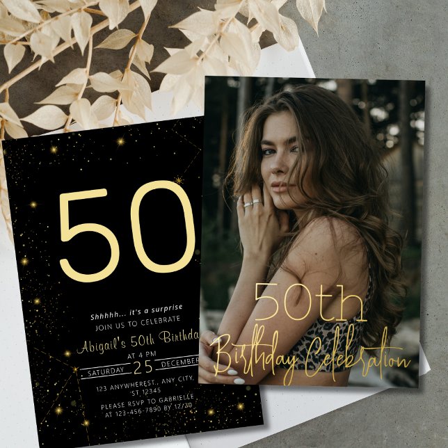 Invitation En Aluminium Galaxy Elegance Photo Black Gold Anniversaire (Galaxy Elegant Photo Black Gold Birthday Party Foil Invitation)