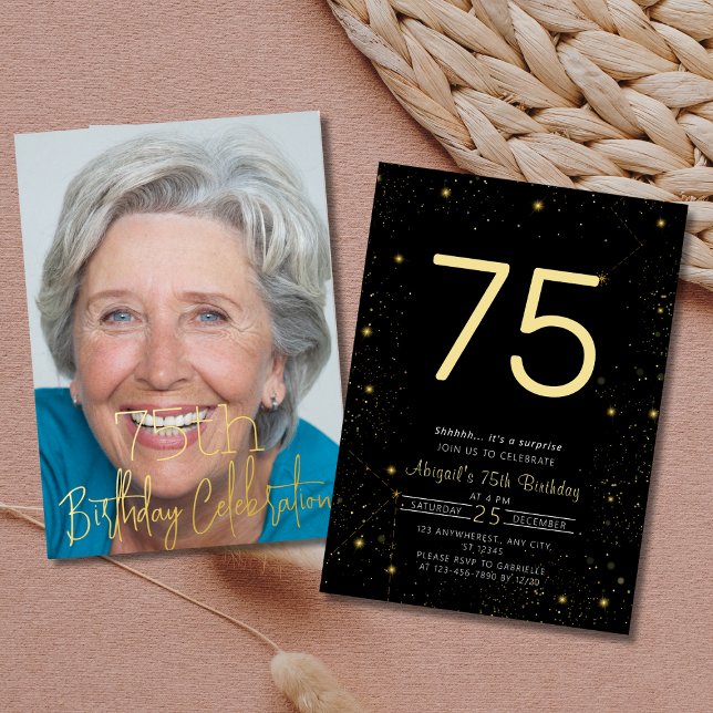 Invitation En Aluminium Galaxy Elegance Photo Black Gold Anniversaire (Galaxy Elegant Photo Black Gold Birthday Party Foil Invitation )