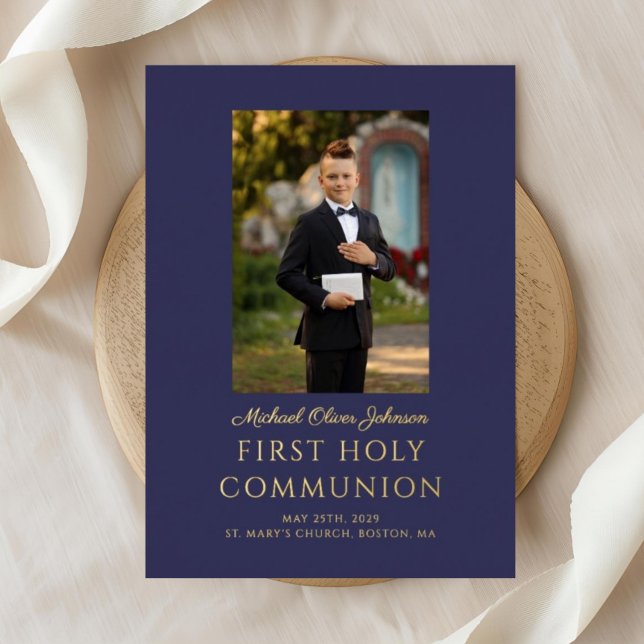 Invitation En Aluminium Garçon Photo Écriture Bleu Marine Première Sainte  (Navy Blue Script Photo Boy First Holy Communion Foil Invitation)