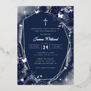 Invitation En Aluminium Garniture Argent Navy Garçons Première Communion F