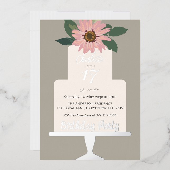 Invitation En Aluminium Gâteau rose floral Anniversaire Fête Argent (Enveloppe)