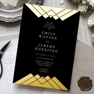 Invitation En Aluminium Gatsby Mariage Noir Géométrique Doré Pressé