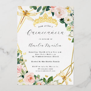 Invitation En Aluminium Geo Blush Floral Dragonfly Quinceanera Gold