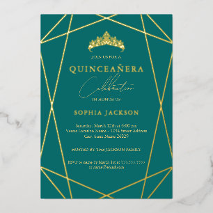 Invitation En Aluminium Géométrique Turquoise Or Élégant Quinceanera Feuil