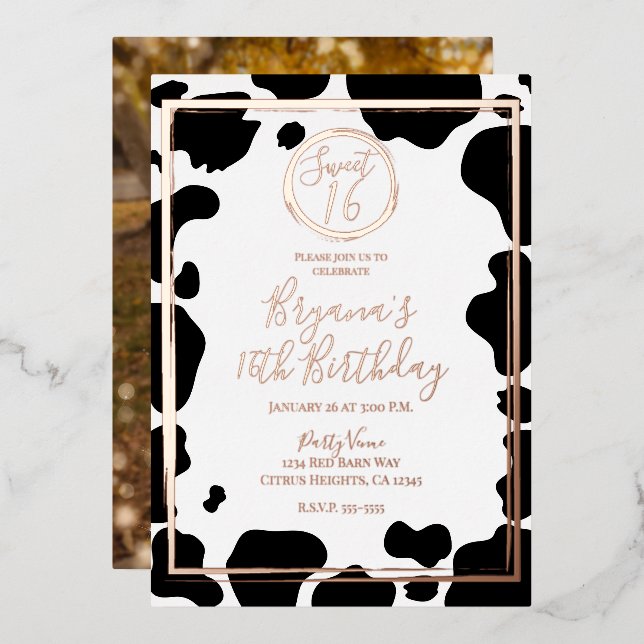 Invitation En Aluminium Glam Cow Imprimer Frontière Mariage Photo Rose Or (Recto/Verso)