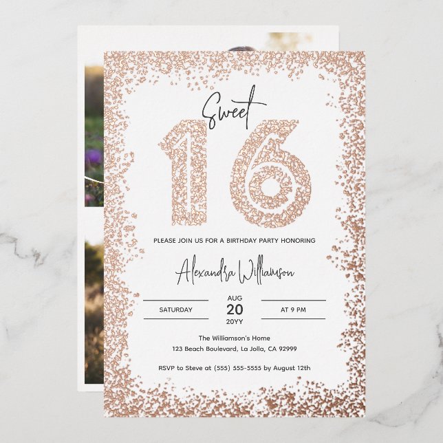 Invitation En Aluminium Glam fête d'anniversaire Real Rose Gold Photo Swee (Recto/Verso)