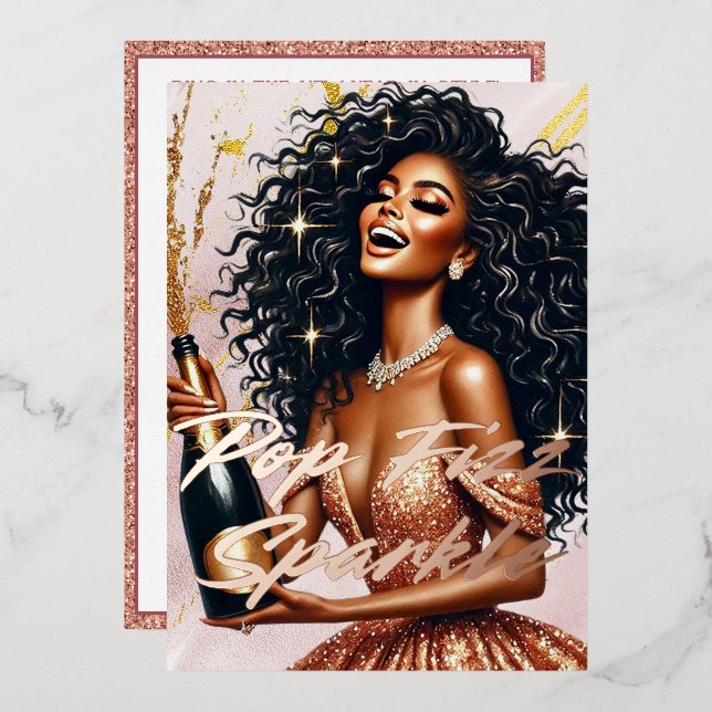 Invitation En Aluminium Glamour Black Woman Popup Champagne NYE Party (Recto/Verso)
