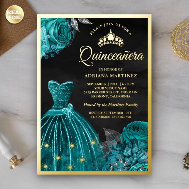 Invitation En Aluminium Gobelet Turquoise Rose Black Quinceanera Gold (Créateur téléchargé)