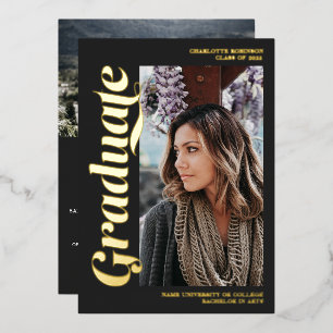 Invitation En Aluminium Gold and gray graduate script 3 photos graduation