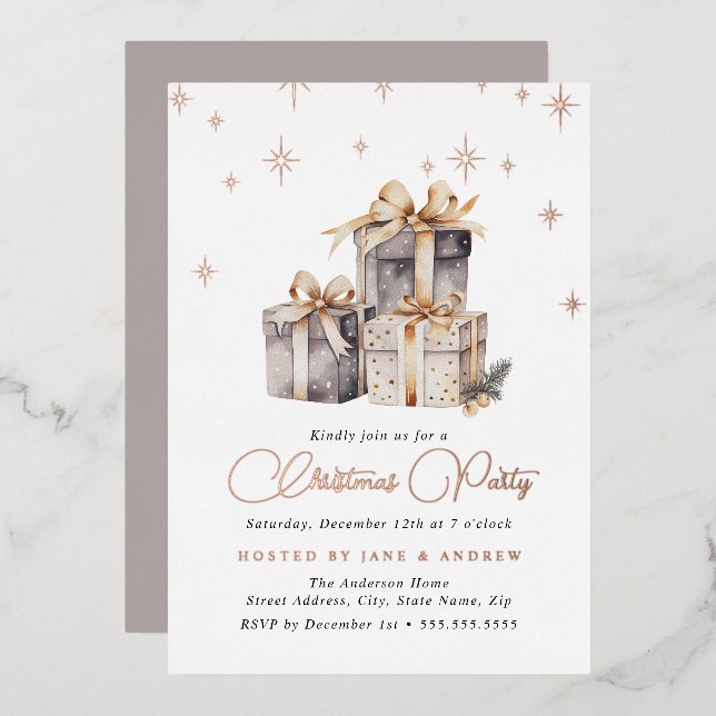 Invitation En Aluminium Gold Beige Grey Festival présente Noël (Recto/Verso)