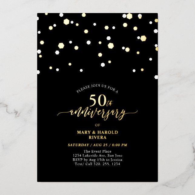 Invitation En Aluminium Gold & Black Confetti 50e anniversaire de Mariage (Recto)