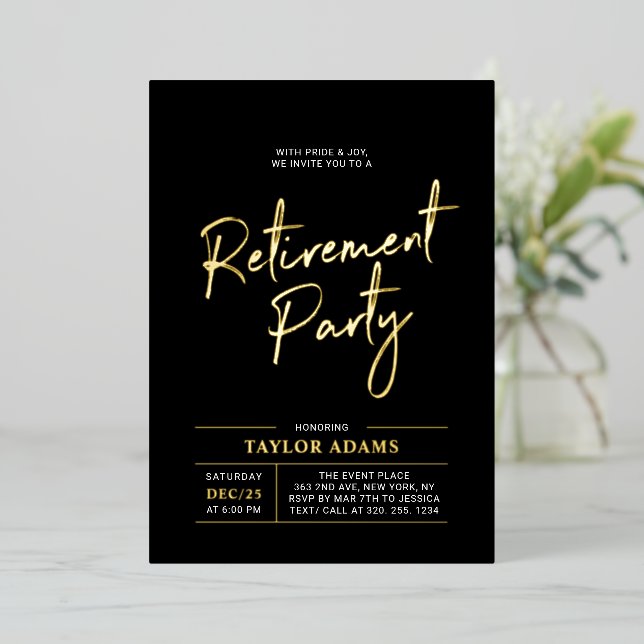 Invitation En Aluminium Gold & Black Modern Brush Script Retraite Party (Debout devant)