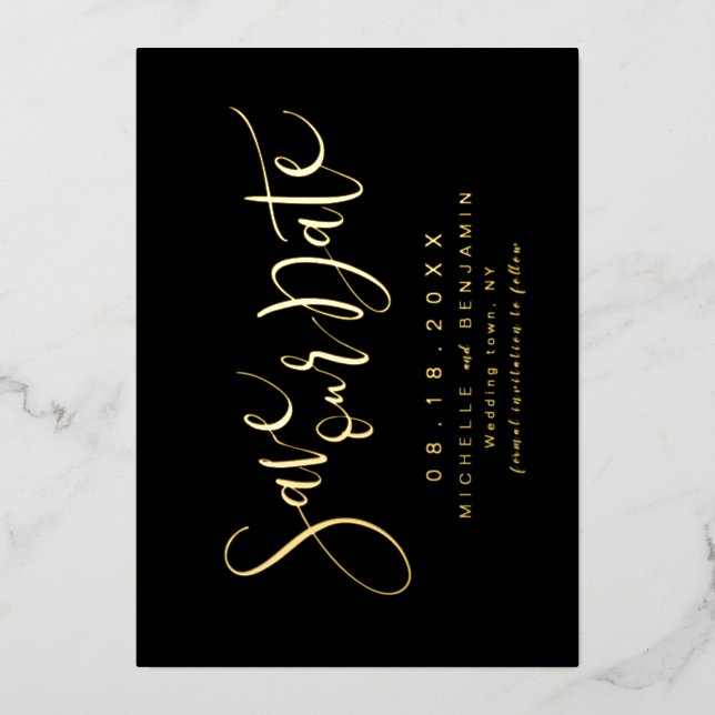 Invitation En Aluminium Gold Black Modern Script Simple Enregistrer La Dat (Recto)
